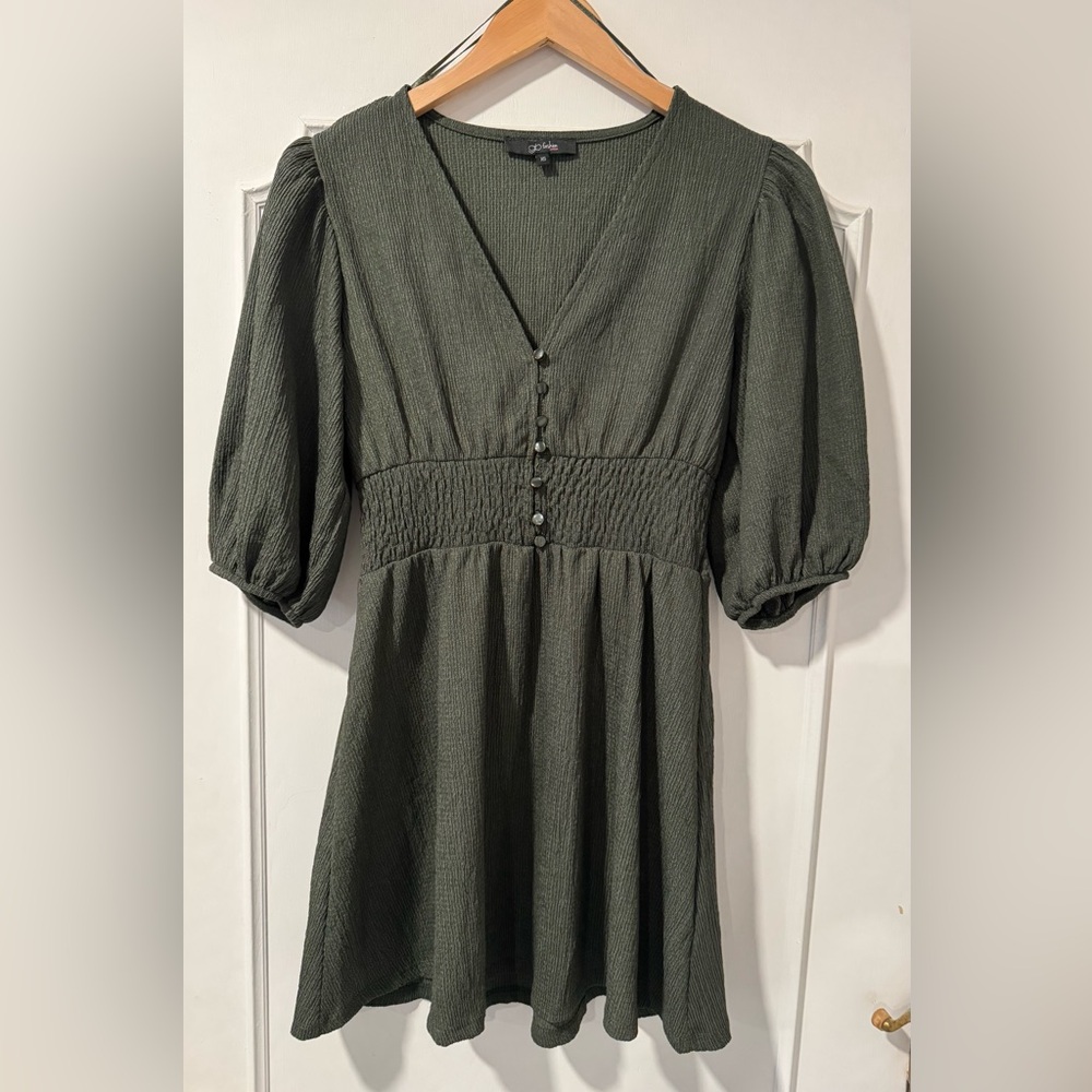 Glo Fashion London Olive Green Short Sleeve Dress with Elastic Waist - Size XS
